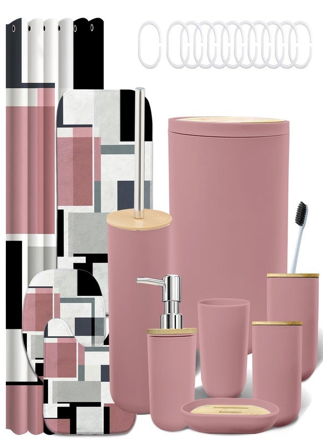 KINUUIS Pink Bathroom Sets with Shower Curtain and Rugs, Bathroom Accessory Set with Shower Curtain,Bath Rugs, Trash Can, Toilet Brush Holder Set & Soap Dispenser - Image 1
