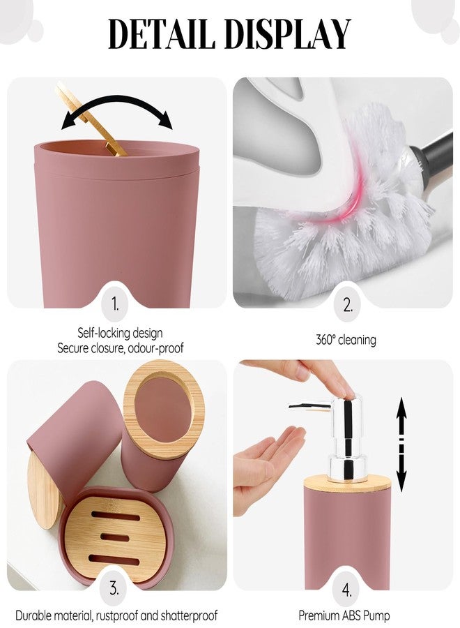 KINUUIS Pink Bathroom Sets with Shower Curtain and Rugs, Bathroom Accessory Set with Shower Curtain,Bath Rugs, Trash Can, Toilet Brush Holder Set & Soap Dispenser - Image 3