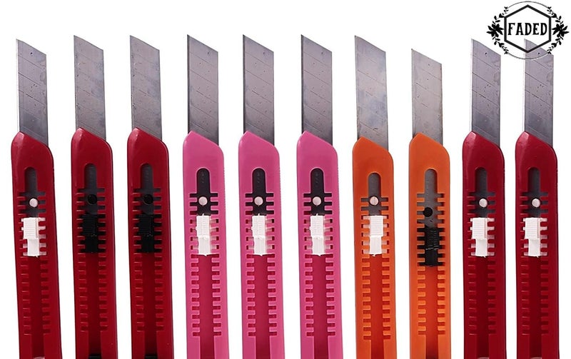 Faded 10-Piece Multicolor Auto-Lock Paper Cutter Set – Durable Plastic Body Utility Knives with Snap-Off Blades – Lightweight & Safe Trimming Tools for Office, School, Craft (18mm) - Image 3