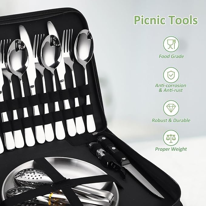 Brikipth Camping Silverware Set with Case 20 Pcs Stainless Steel Plates Picnic Set for 4 Travel Silverware Set Camping Utensils for Eating Portable Cutlery Set 4 People Black - Image 3