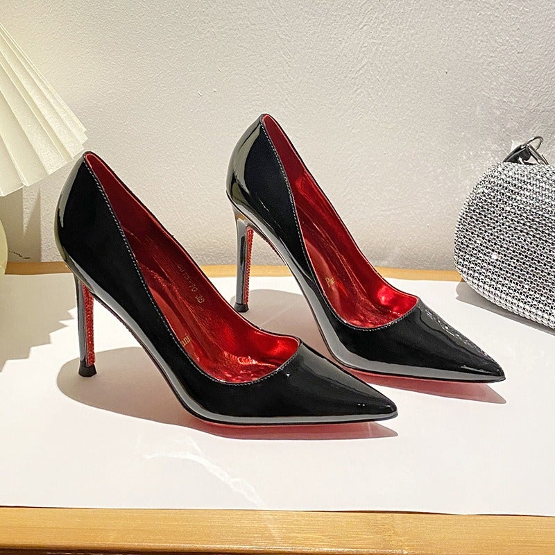 2026 New Red Sole Pointed Toe Side Hollow Sexy Nude High Heels for Women - Elegant Black Patent Leather Single Shoes