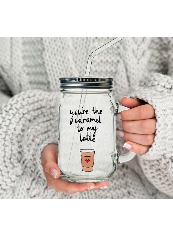 Phone Planet Coffee juice and water jar with You're Caramel for Me Latte print with metal lid and straw multicolor