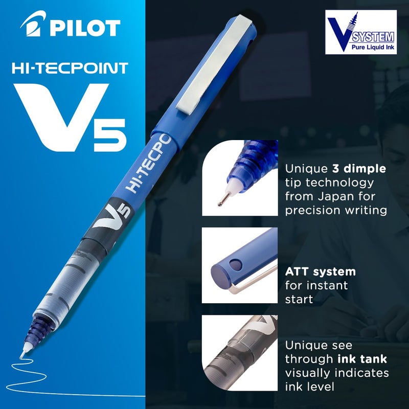 PILOT Hi-Tecpoint V5 0.5mm Extra Fine Point Pure Liquid Ink Roller Ball Pen | Pack Of 5 (4 Blue + 1 Black) - Image 2