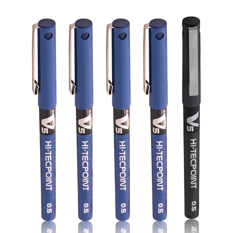 PILOT Hi-Tecpoint V5 0.5mm Extra Fine Point Pure Liquid Ink Roller Ball Pen | Pack Of 5 (4 Blue + 1 Black) - Image 1