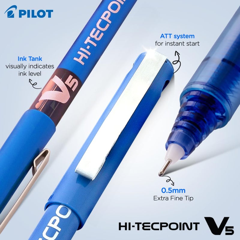 PILOT Hi-Tecpoint V5 0.5mm Extra Fine Point Pure Liquid Ink Roller Ball Pen | Pack Of 5 (4 Blue + 1 Black) - Image 4