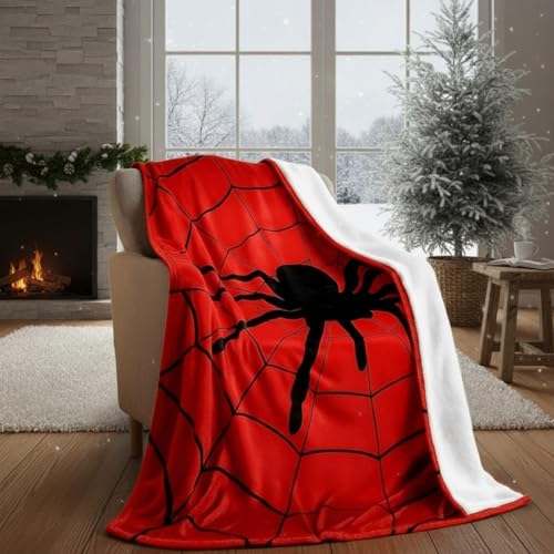 Breling Spider and Spiderweb Throw Blanket 50x60 Red and Black Spider Web Blanket Winter Warm Decor Fluffy Soft Flannel for Couch Home Decor Gifts - Image 1
