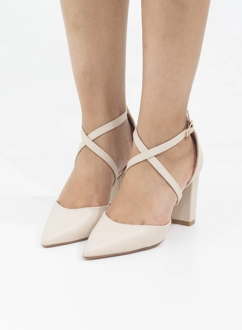 LAMARAPARIS Femi cross-belts open waist 8.5cm block heel nude