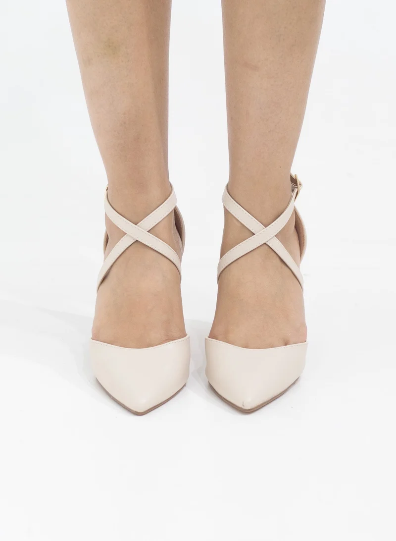 LAMARAPARIS Femi cross-belts open waist 8.5cm block heel nude