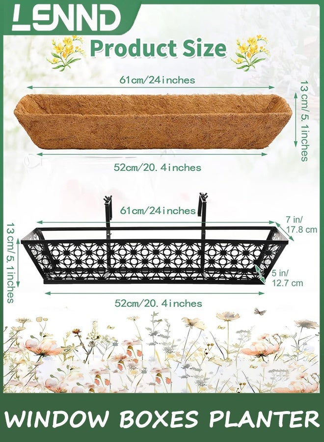 لينند 2Packs نافذة صندوق السجاد مزارع مع كوكو بطانة، 61 سم المعدن الأسود معلق الزهور مزارع سطح السجاد صناديق مع بطانة كور للخارج، السياج، الشرفة والفناء - Image 2