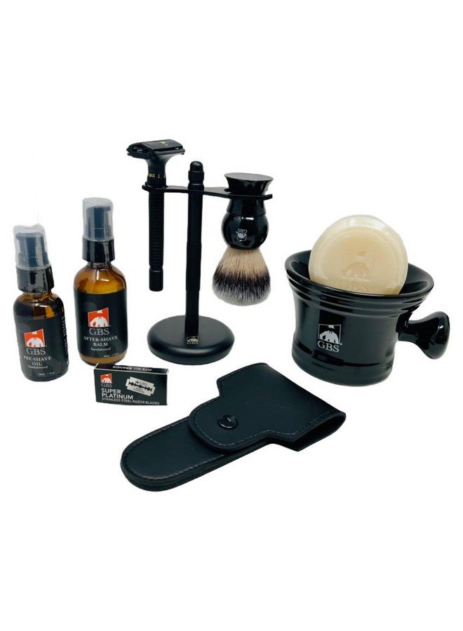 جي.بي.أس مجموعة الحلاقة الرجالية بمقبض قصير وشفرة الحلاقة المطلية بالمطاط شديدة التحمل وشفرات الصابون الطبيعي وفرشاة الحلاقة وحامل ماكينة الحلاقة بلسم ما بعد الحلاقة وزيت ما قبل الحلاقة - Image 1