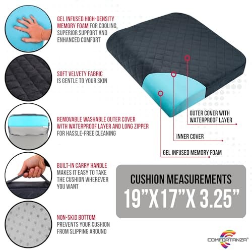 COMFORTANZA وسادة مقعد ميموري فوم مريحة كبيرة 19"x17"x3.25" متوسطة الصلابة مع تأثير تبريد، غطاء قابل للغسل وقاعدة غير قابلة للانزلاق لكراسي المكتب، الكراسي المتحركة، الكراسي القابلة للإمالة، السيارات - تخفيف آلام الظهر - أسود - Image 3