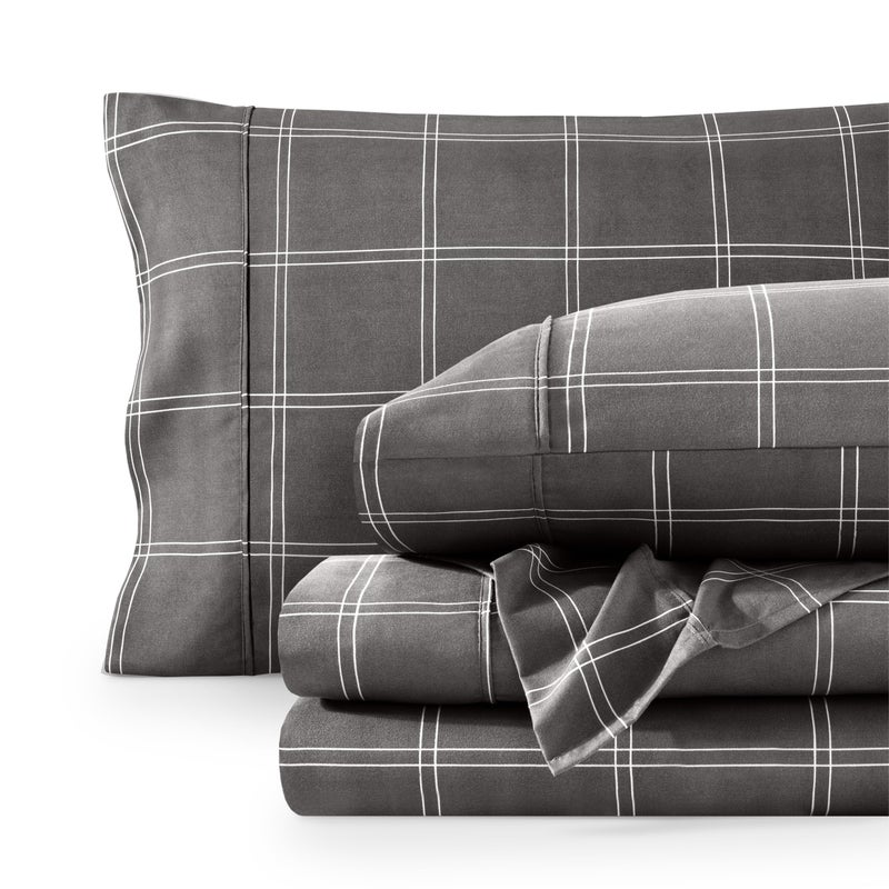 Bare Home King Sheet Set Luxury 1800 UltraSoft Microfiber Double Brushed Deep Pockets Easy Fit 4 Piece Set Bedding Sheets Pillowcases King Modern Plaid GreyWhite