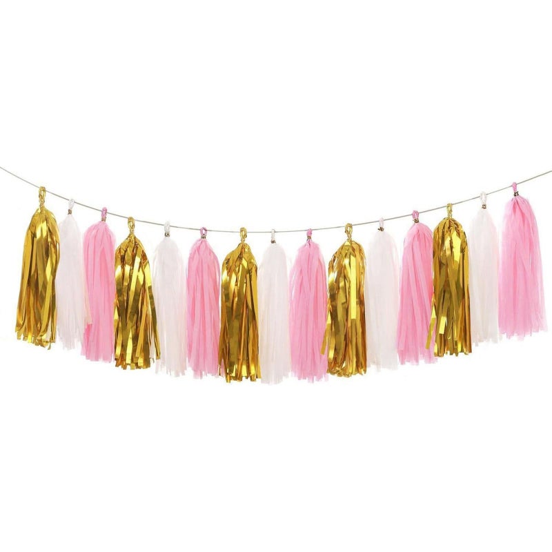 Aonor Paper Tassel Garland Banner  Tissue Paper Tassels for Bridal Shower Wedding Baby Shower Birthday Decorations Metallic GoldPinkWhite 15 PCS