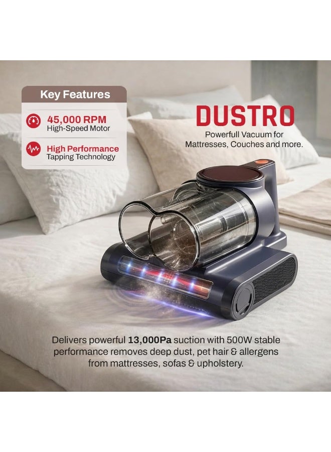 دوماستيكا مكنسة السرير المحمولة Dustro للاستخدام المنزلي مزوّدة بضوء UV-C، بقوة شفط عالية تصل إلى 13000 باسكال لإزالة الغبار وعتة الفراش | مكنسة مراتب مزودة بالاهتزاز، فلتر HEPA، سرعة 45000 دورة في الدقيقة، موجات فوق صوتية وهواء ساخن بدرجة 60° مئوية. - Image 2