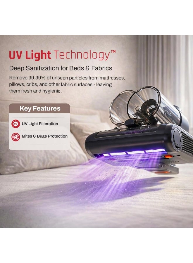 دوماستيكا مكنسة السرير المحمولة Dustro للاستخدام المنزلي مزوّدة بضوء UV-C، بقوة شفط عالية تصل إلى 13000 باسكال لإزالة الغبار وعتة الفراش | مكنسة مراتب مزودة بالاهتزاز، فلتر HEPA، سرعة 45000 دورة في الدقيقة، موجات فوق صوتية وهواء ساخن بدرجة 60° مئوية. - Image 4