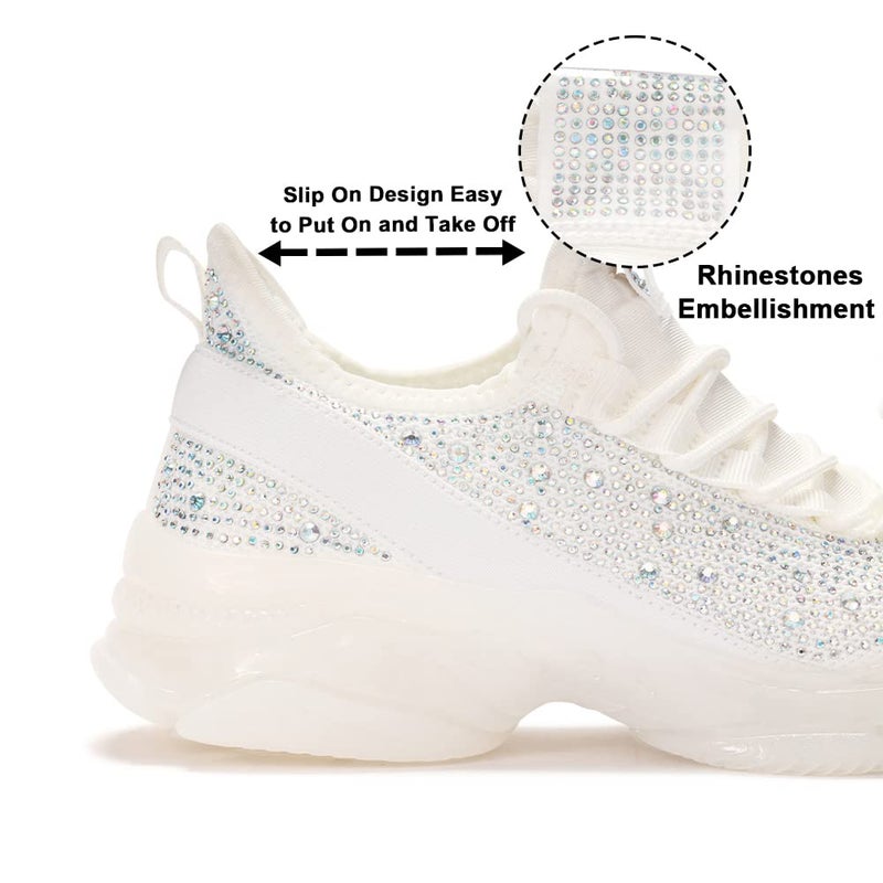 BELOS Women's Fashion Rhinestone Mesh Knit Slip On Sneaker Breathable Glitter Walking Shoes(White Hologram,9) - Image 4