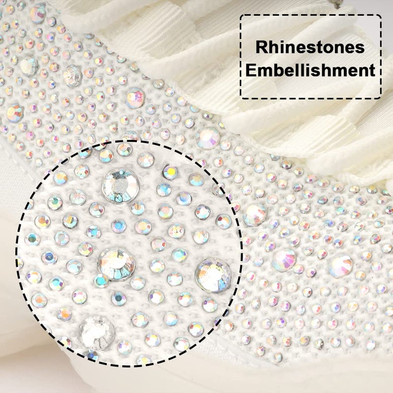 BELOS Women's Fashion Rhinestone Mesh Knit Slip On Sneaker Breathable Glitter Walking Shoes(White Hologram,9) - Image 3