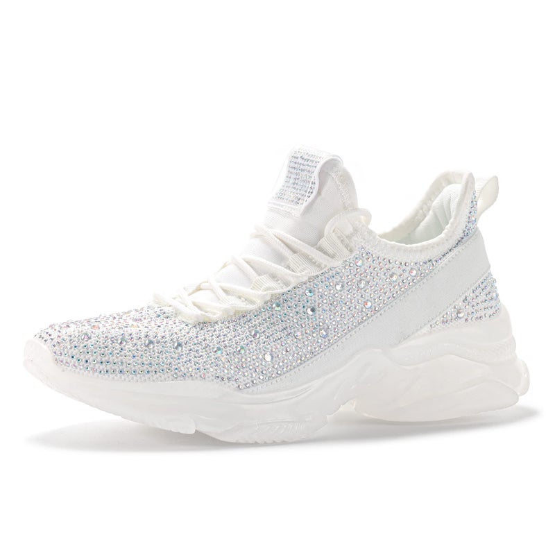 BELOS Women's Fashion Rhinestone Mesh Knit Slip On Sneaker Breathable Glitter Walking Shoes(White Hologram,9) - Image 1