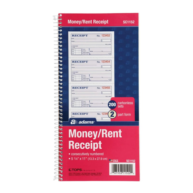 Adams Money and Rent Receipt Book, 2-Part Carbonless, 5-1/4" x 11", Spiral Bound, 200 Sets per Book, 4 Receipts per Page (SC1152) - Image 1