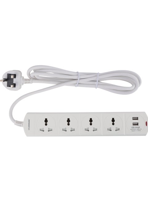 Olsenmark 4 Way Universal Power Extension Socket With 2 USB 2.1A, 3M Cable 13A