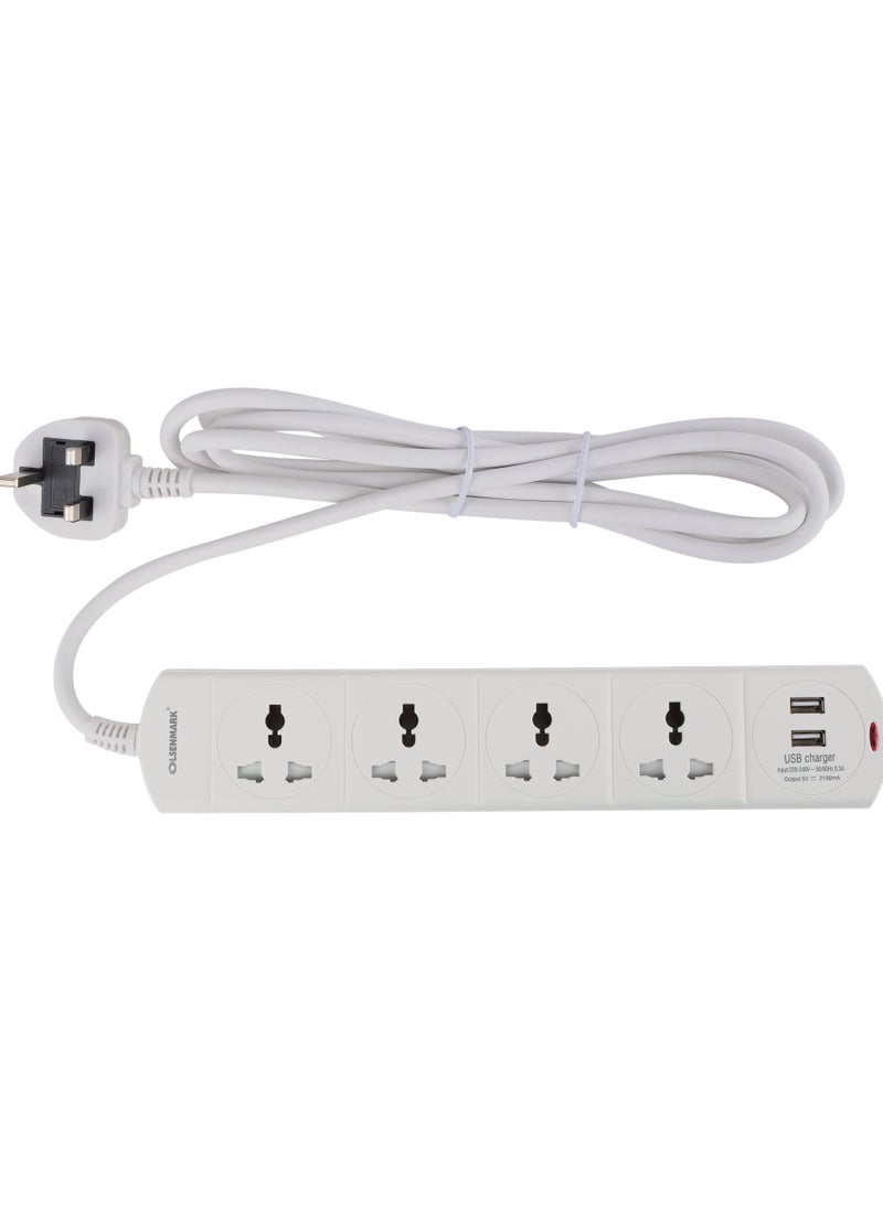 Olsenmark 4 Way Universal Power Extension Socket With 2 USB 2.1A, 3M Cable 13A