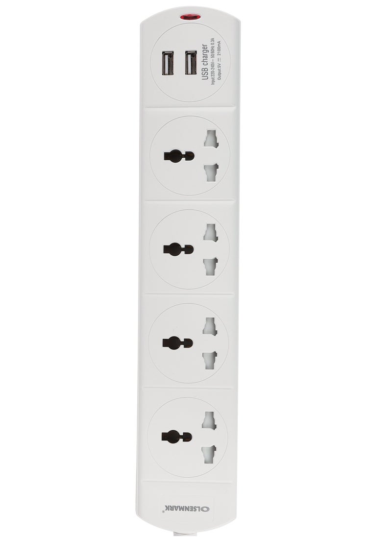 Olsenmark 4 Way Universal Power Extension Socket With 2 USB 2.1A, 3M Cable 13A