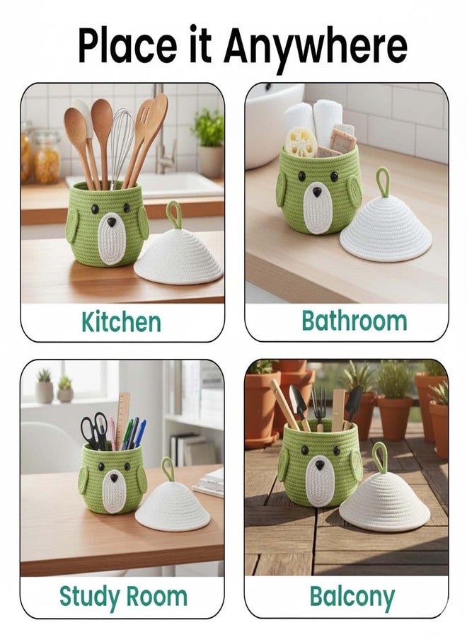 جو هوكد سلة تخزين من حبل قطني بتصميم وجه حيوان لطيف مع غطاء للأطفال | منظم فاخر من حبل قطني أخضر ليموني لألعاب الأطفال، ومستلزماتهم، وديكور الحمام والمنزل | سلة ناعمة ومتينة مصنوعة يدويًا - Image 4