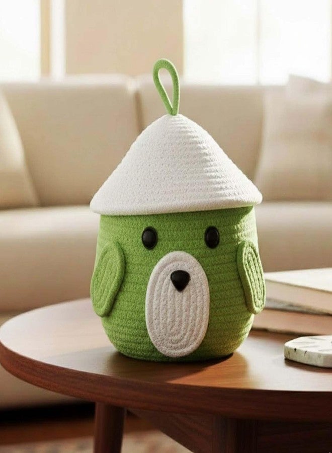 جو هوكد سلة تخزين من حبل قطني بتصميم وجه حيوان لطيف مع غطاء للأطفال | منظم فاخر من حبل قطني أخضر ليموني لألعاب الأطفال، ومستلزماتهم، وديكور الحمام والمنزل | سلة ناعمة ومتينة مصنوعة يدويًا - Image 1