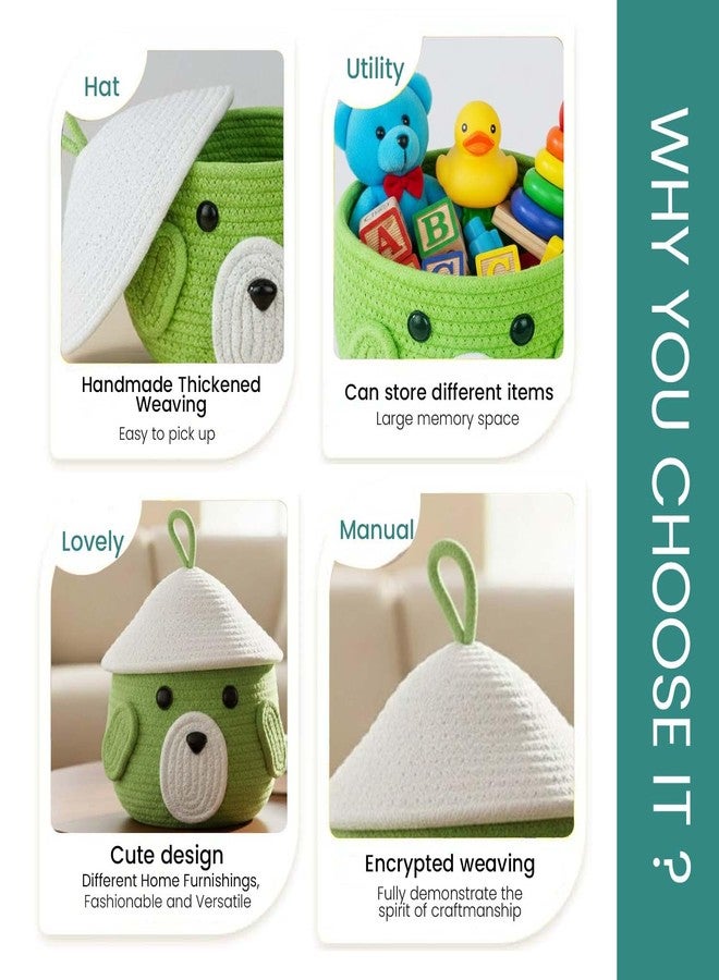 جو هوكد سلة تخزين من حبل قطني بتصميم وجه حيوان لطيف مع غطاء للأطفال | منظم فاخر من حبل قطني أخضر ليموني لألعاب الأطفال، ومستلزماتهم، وديكور الحمام والمنزل | سلة ناعمة ومتينة مصنوعة يدويًا - Image 3