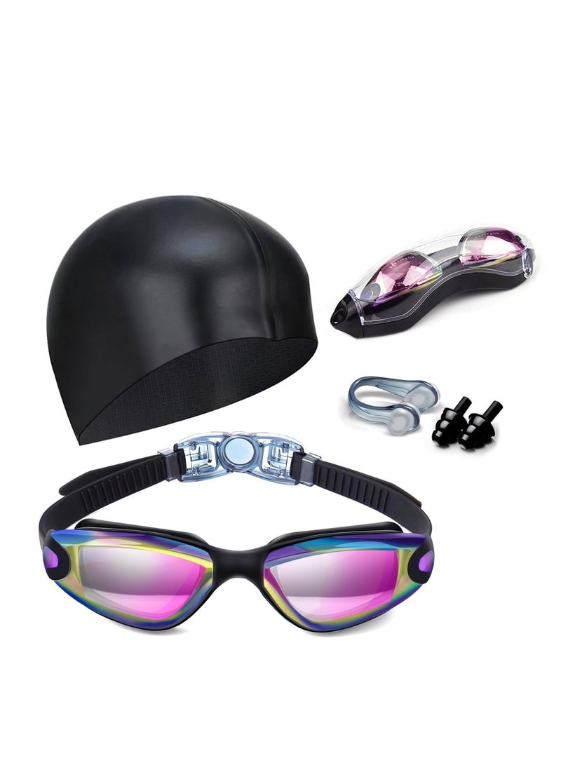 Swim Goggles Swimming Goggles No Leaking with Nose Clip, Earplugs, Swim Cap and Case for Men Women （Black - Purple） - Image 1