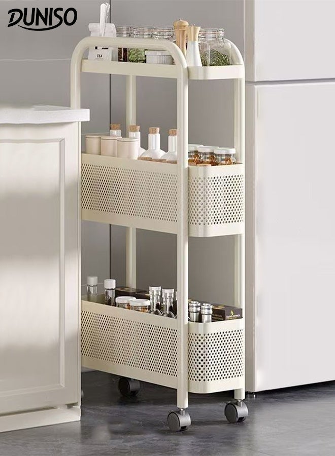 DUNISO عربة تخزين رفيعة متعددة الوظائف بثلاثة مستويات مع مقبض وعجلات دوارة منظمة قابلة للسحب مع مقابض مريحة وعجلات صامتة بزاوية 360° تصميم عصري أنيق موفر للمساحة عربة تخزين بيضاء لغرفة المعيشة، غرفة النوم، الشرفة، المكتب، المطبخ - Image 1