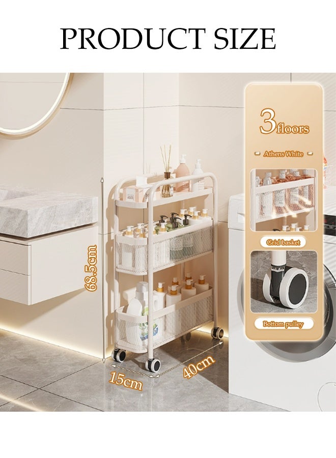 DUNISO عربة تخزين رفيعة متعددة الوظائف بثلاثة مستويات مع مقبض وعجلات دوارة منظمة قابلة للسحب مع مقابض مريحة وعجلات صامتة بزاوية 360° تصميم عصري أنيق موفر للمساحة عربة تخزين بيضاء لغرفة المعيشة، غرفة النوم، الشرفة، المكتب، المطبخ - Image 4