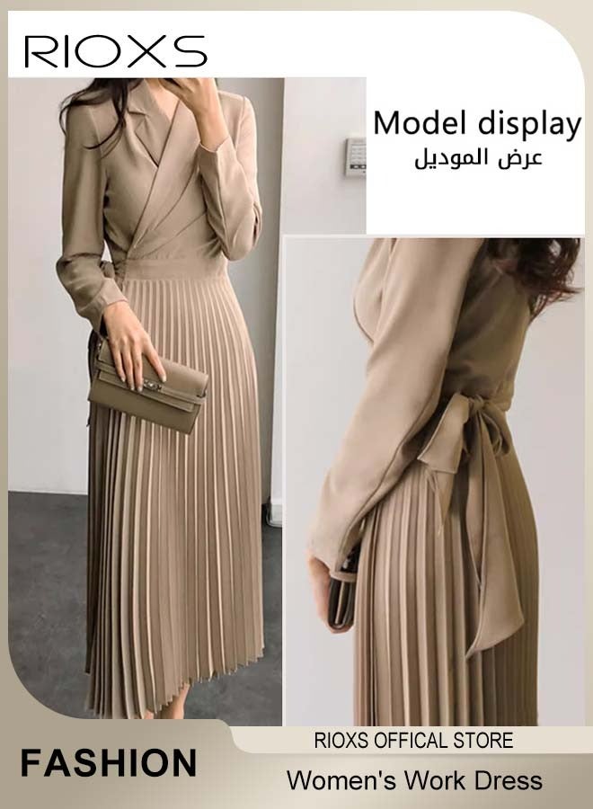RIOXS Women's Long Sleeve V-neck Blazer Dress, Elegant A-line Long Pleated Dress with Waist Belt, Ladies Slimming Pleated Office Dress Business Dress, High Waist Solid Color Wedding Guest Costumes for Work Business Meetings Or Daily Wear, Khaki - Image 2