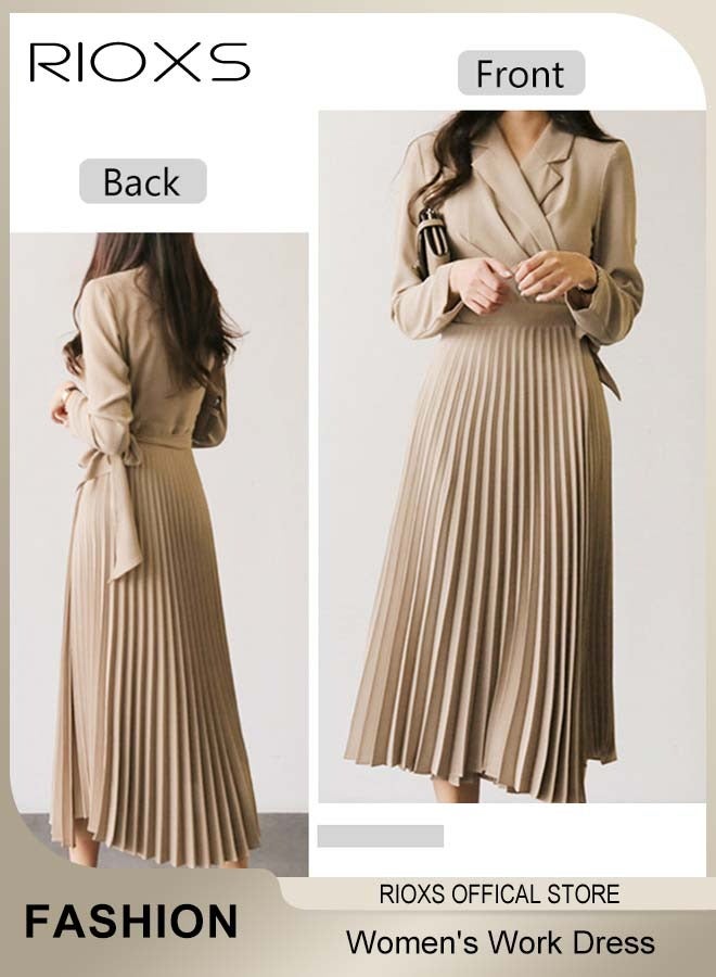 RIOXS Women's Long Sleeve V-neck Blazer Dress, Elegant A-line Long Pleated Dress with Waist Belt, Ladies Slimming Pleated Office Dress Business Dress, High Waist Solid Color Wedding Guest Costumes for Work Business Meetings Or Daily Wear, Khaki - Image 4