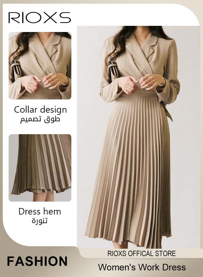 RIOXS Women's Long Sleeve V-neck Blazer Dress, Elegant A-line Long Pleated Dress with Waist Belt, Ladies Slimming Pleated Office Dress Business Dress, High Waist Solid Color Wedding Guest Costumes for Work Business Meetings Or Daily Wear, Khaki - Image 5