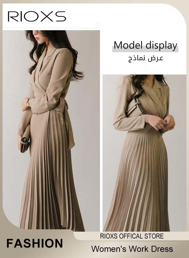RIOXS Women's Long Sleeve V-neck Blazer Dress, Elegant A-line Long Pleated Dress with Waist Belt, Ladies Slimming Pleated Office Dress Business Dress, High Waist Solid Color Wedding Guest Costumes for Work Business Meetings Or Daily Wear, Khaki - Image 3