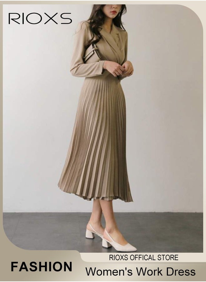 RIOXS - Women's Elegant Fashion Blazer Dress, Waist Belted Ladies Slimming Dress, Pleated Loose Large Swing Dress, Women Swingy Loose Dress For Work Business Meetings Or Daily Wear - Image 1