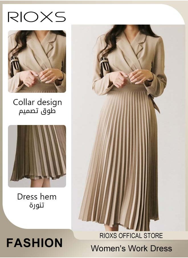 RIOXS - Women's Elegant Fashion Blazer Dress, Waist Belted Ladies Slimming Dress, Pleated Loose Large Swing Dress, Women Swingy Loose Dress For Work Business Meetings Or Daily Wear - Image 1