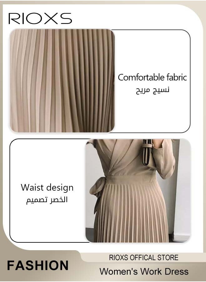 RIOXS - Women's Elegant Fashion Blazer Dress, Waist Belted Ladies Slimming Dress, Pleated Loose Large Swing Dress, Women Swingy Loose Dress For Work Business Meetings Or Daily Wear - Image 1
