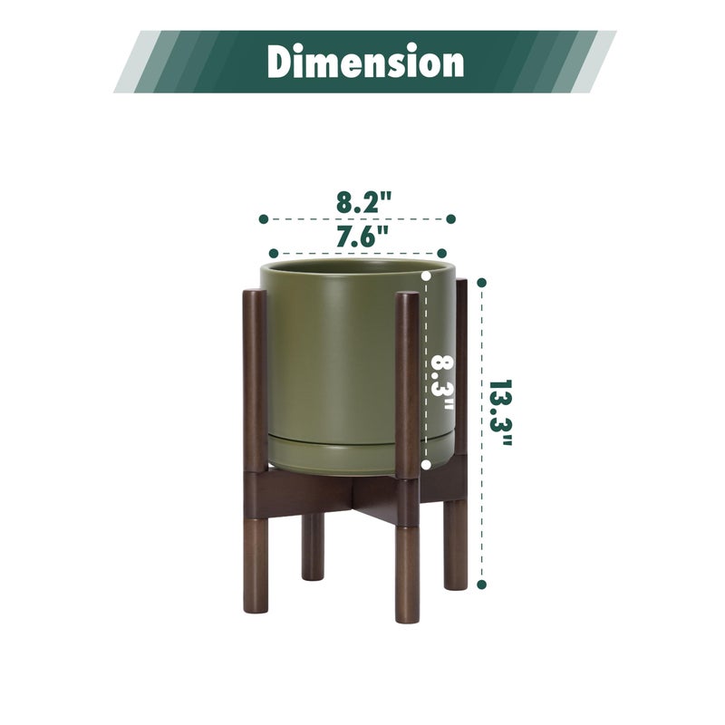 D'vine Dev Ceramic Planter with Walnut Color Stand - 8 Inch Modern Round Flower Pot with Wood Planter Holder, Olive, 55-B-Y-J - Image 3