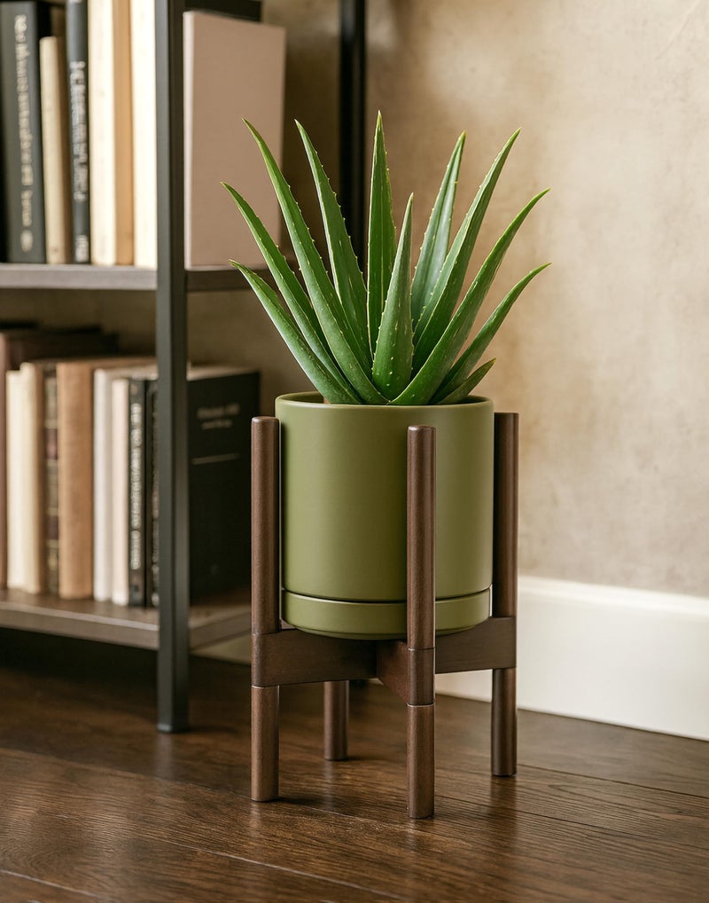 D'vine Dev Ceramic Planter with Walnut Color Stand - 8 Inch Modern Round Flower Pot with Wood Planter Holder, Olive, 55-B-Y-J - Image 4