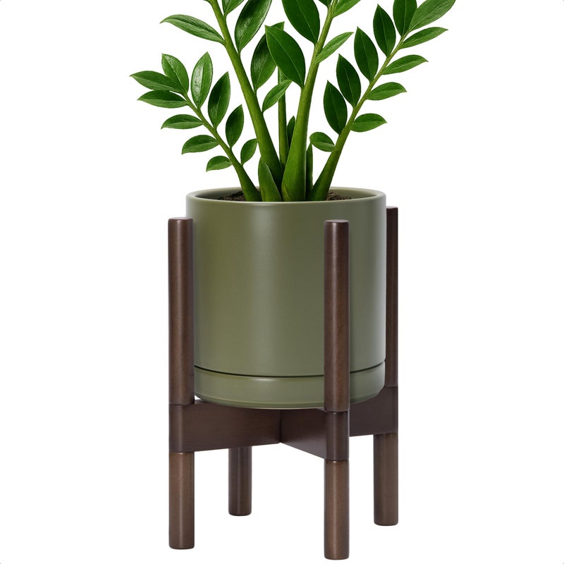 D'vine Dev Ceramic Planter with Walnut Color Stand - 8 Inch Modern Round Flower Pot with Wood Planter Holder, Olive, 55-B-Y-J - Image 1