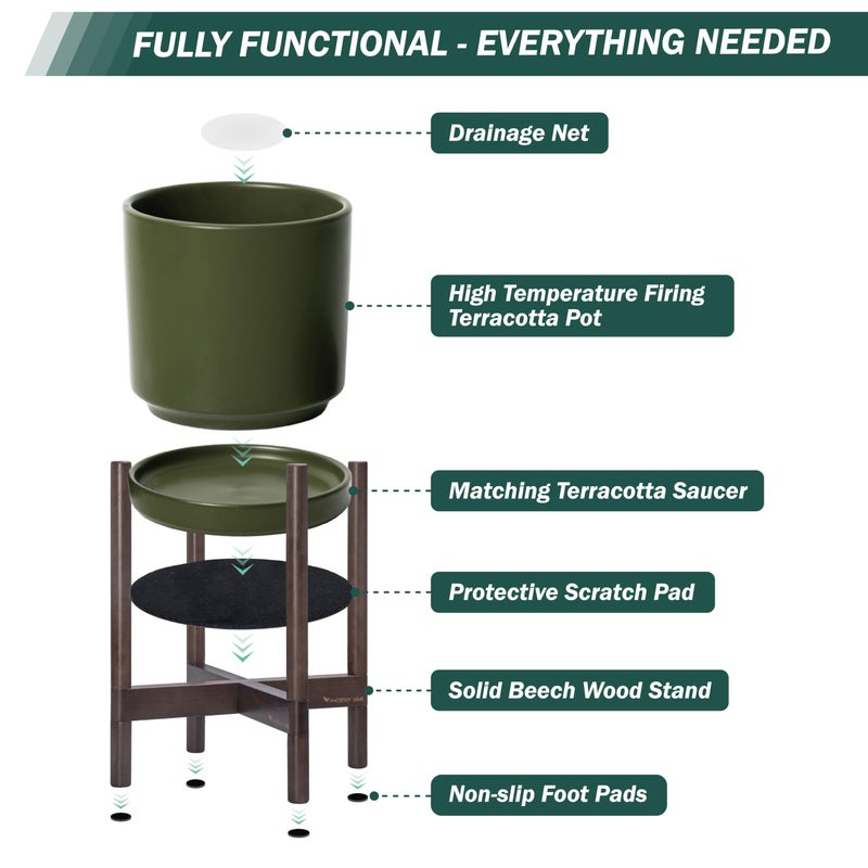 D'vine Dev Ceramic Planter with Walnut Color Stand - 8 Inch Modern Round Flower Pot with Wood Planter Holder, Olive, 55-B-Y-J - Image 5