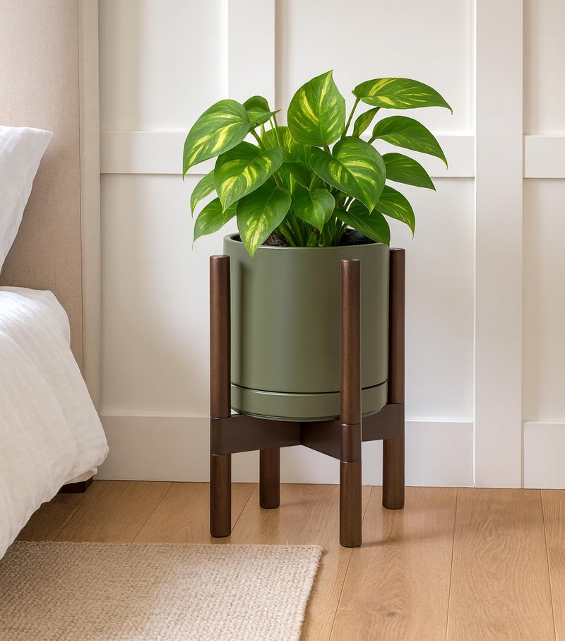 D'vine Dev Ceramic Planter with Walnut Color Stand - 8 Inch Modern Round Flower Pot with Wood Planter Holder, Olive, 55-B-Y-J - Image 2