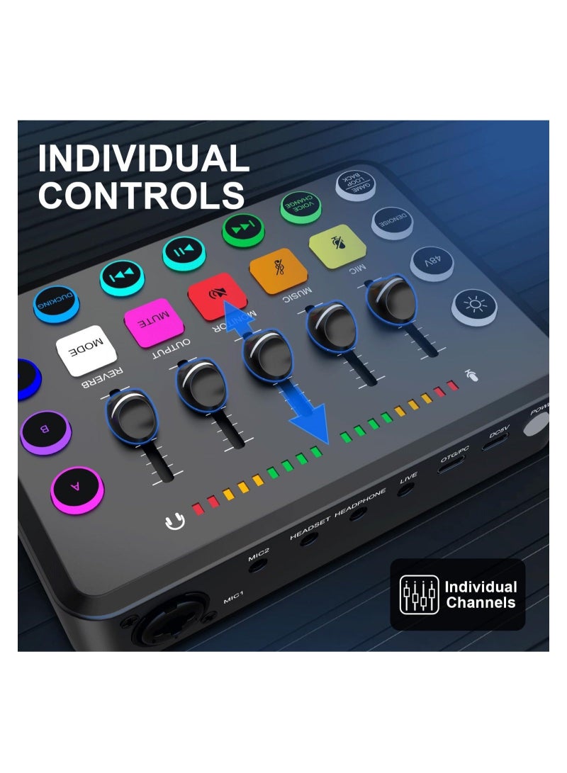 Gaming Audio Mixer, Streaming RGB PC Mixer with XLR Microphone Interface, Individual Control Volume Fader/Mute Button/48V Phantom Power for Podcast/Recording/Vocal/Game Voice, PC, Guitar, F11