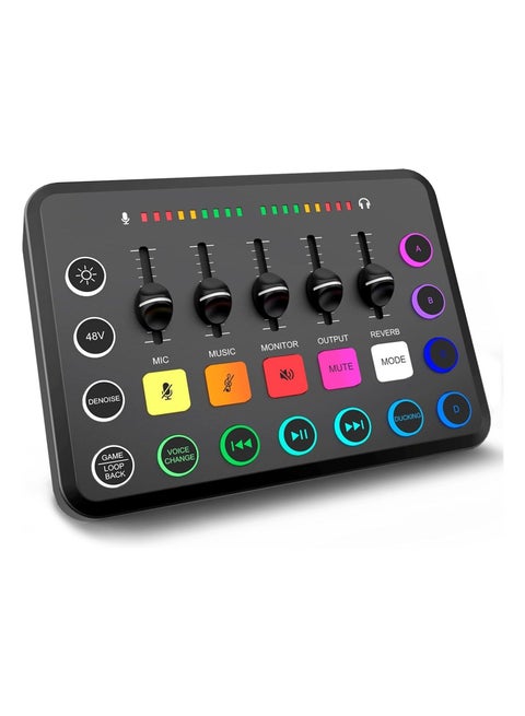 Gaming Audio Mixer, Streaming RGB PC Mixer with XLR Microphone Interface, Individual Control Volume Fader/Mute Button/48V Phantom Power for Podcast/Recording/Vocal/Game Voice, PC, Guitar, F11