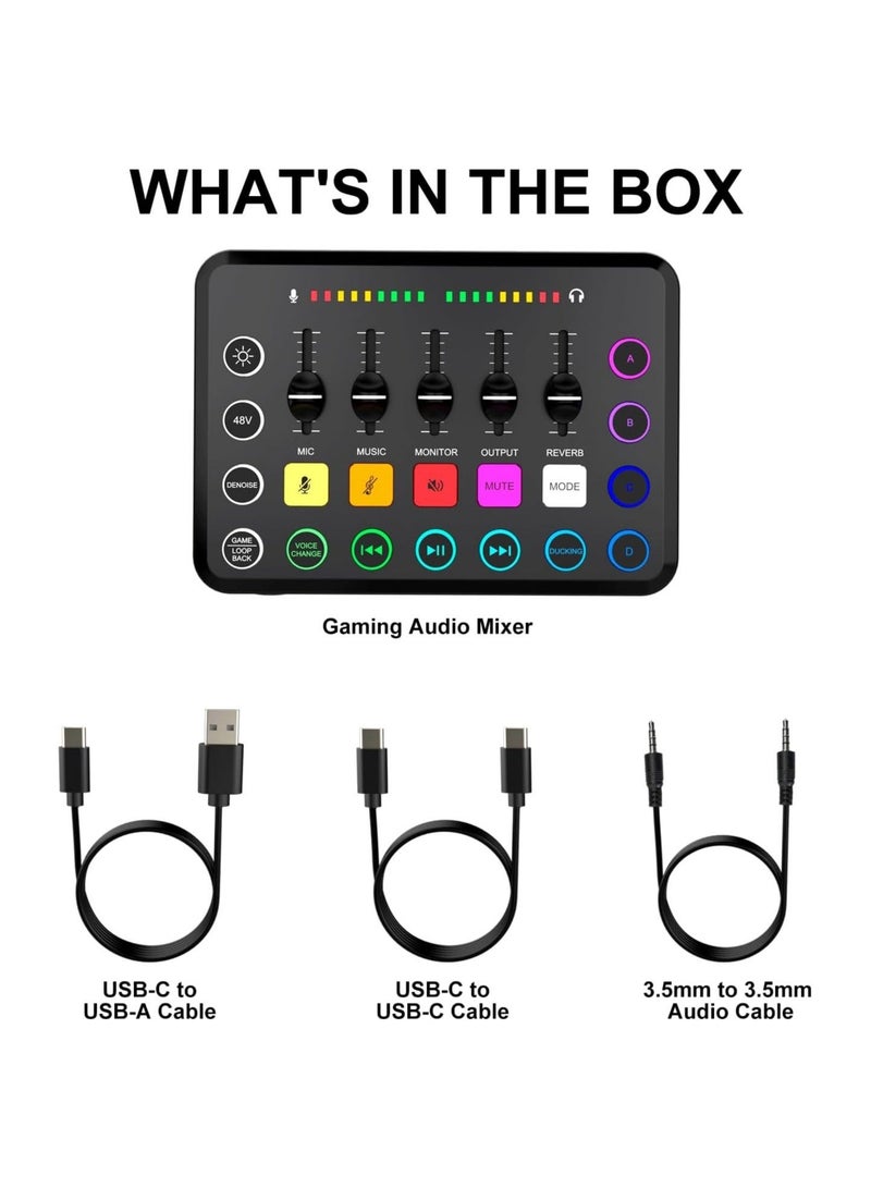 Gaming Audio Mixer, Streaming RGB PC Mixer with XLR Microphone Interface, Individual Control Volume Fader/Mute Button/48V Phantom Power for Podcast/Recording/Vocal/Game Voice, PC, Guitar, F11
