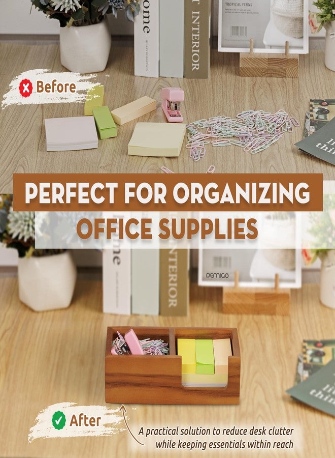 DEMIGO Wooden Sticky Note Holder for Desk - Solid Acacia Wood Organizer for 3x3 Note Pads, Paper Clips, Office Supplies - Compact Memo Pad Holder for Home Office, Teachers - Image 4