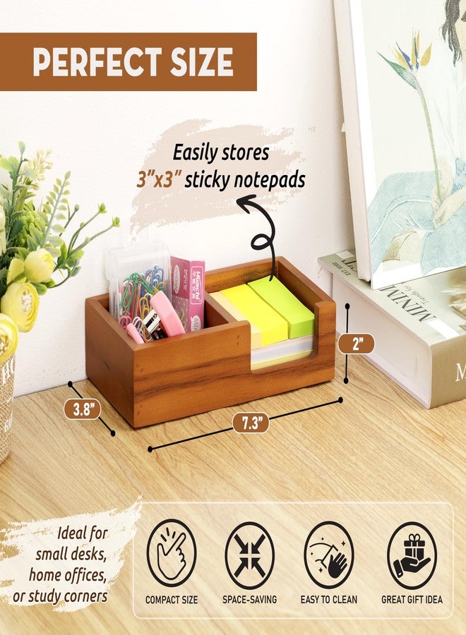 DEMIGO Wooden Sticky Note Holder for Desk - Solid Acacia Wood Organizer for 3x3 Note Pads, Paper Clips, Office Supplies - Compact Memo Pad Holder for Home Office, Teachers - Image 2