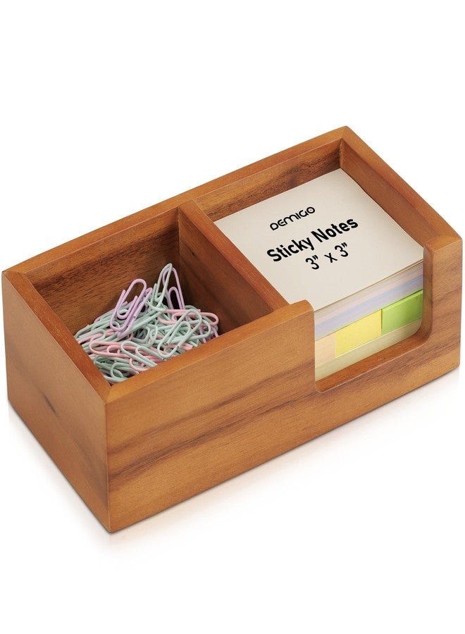 DEMIGO Wooden Sticky Note Holder for Desk - Solid Acacia Wood Organizer for 3x3 Note Pads, Paper Clips, Office Supplies - Compact Memo Pad Holder for Home Office, Teachers - Image 1